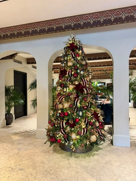 Casa Monica lobby tree beside a gilded arch and throne chair