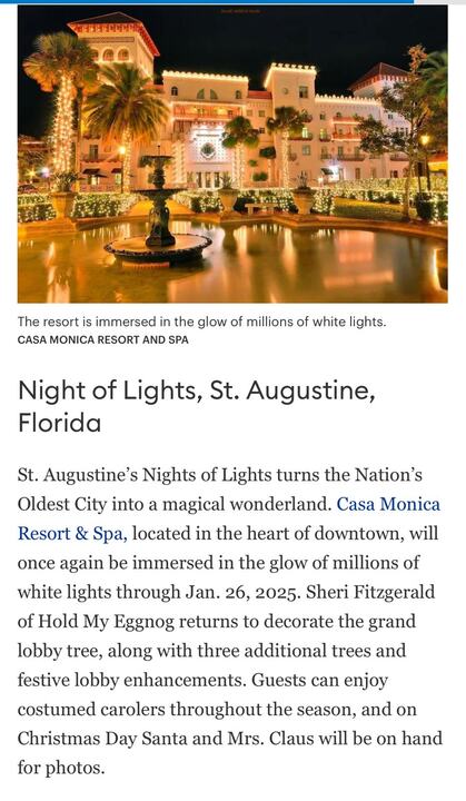 Forbes article page showing the Casa Monica Resort lit up for Nights of Lights