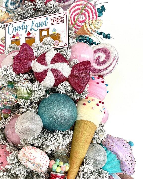 Candyland tree with oversized peppermints and ice cream cones