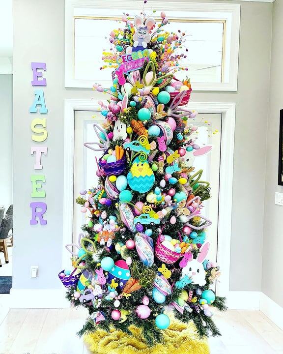 Easter tree in bright pastels with an EASTER sign
