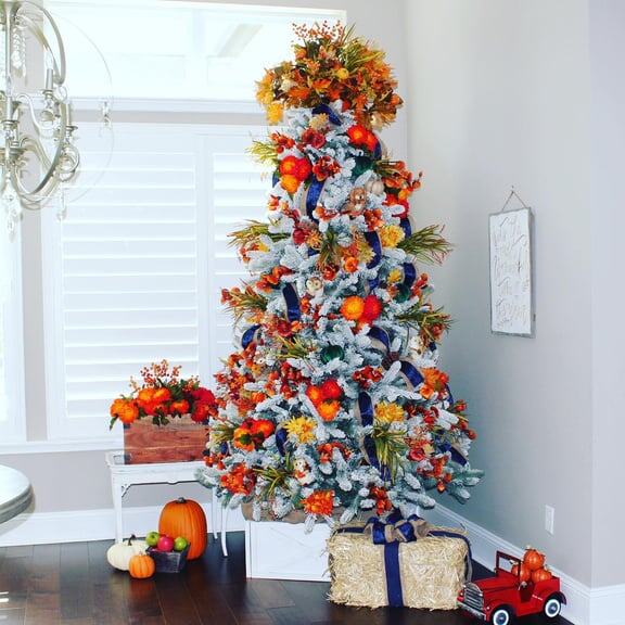 Fall tree in orange, red and navy with pumpkins
